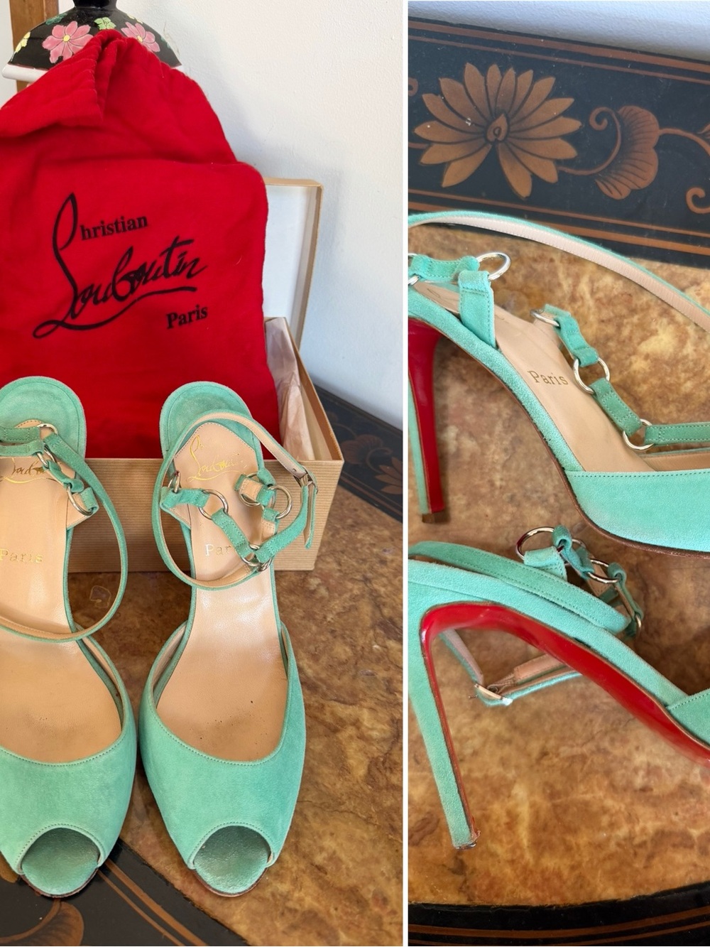 CHRISTIAN LOUBOUTIN AQUA SUEDE PEEP TOE ANKLE STRAP STILETTOS IN BOX
